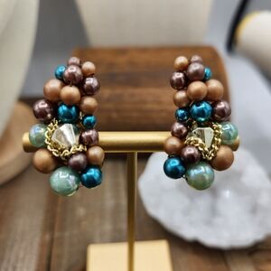 Vintage Beaded Clip-On Earrings w/ Brown and Teal Hues • Hong Kong •Goldtone